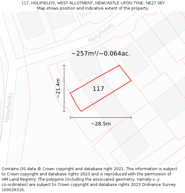 117, HOLYFIELDS, WEST ALLOTMENT, NEWCASTLE UPON TYNE, NE27 0EY: Plot and title map