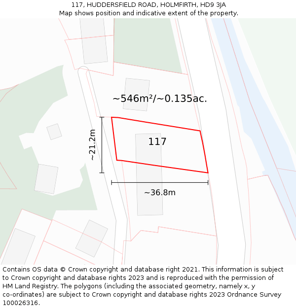 117, HUDDERSFIELD ROAD, HOLMFIRTH, HD9 3JA: Plot and title map
