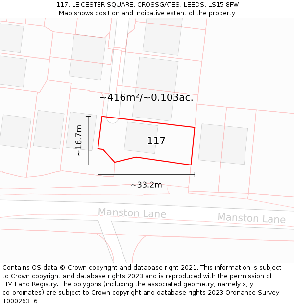 117, LEICESTER SQUARE, CROSSGATES, LEEDS, LS15 8FW: Plot and title map
