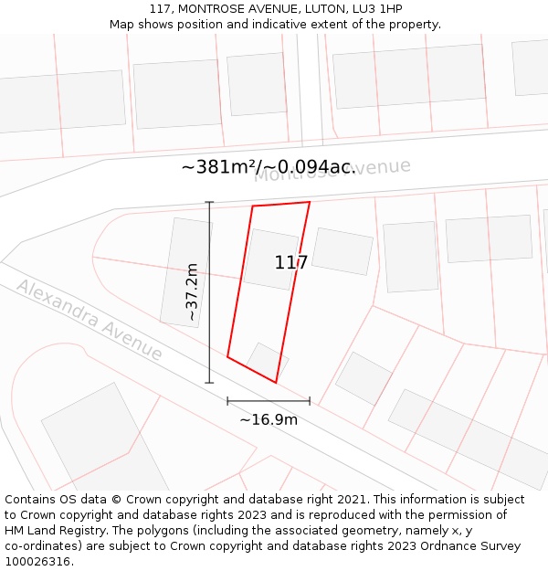 117, MONTROSE AVENUE, LUTON, LU3 1HP: Plot and title map