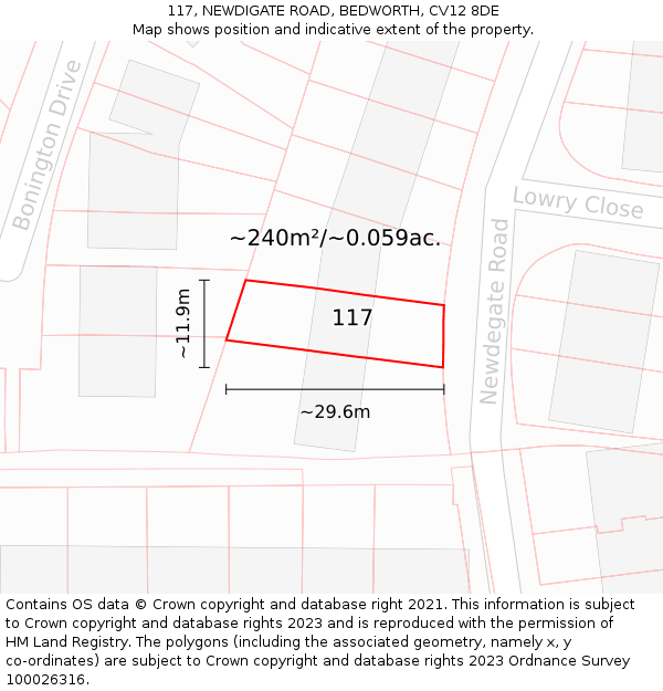 117, NEWDIGATE ROAD, BEDWORTH, CV12 8DE: Plot and title map