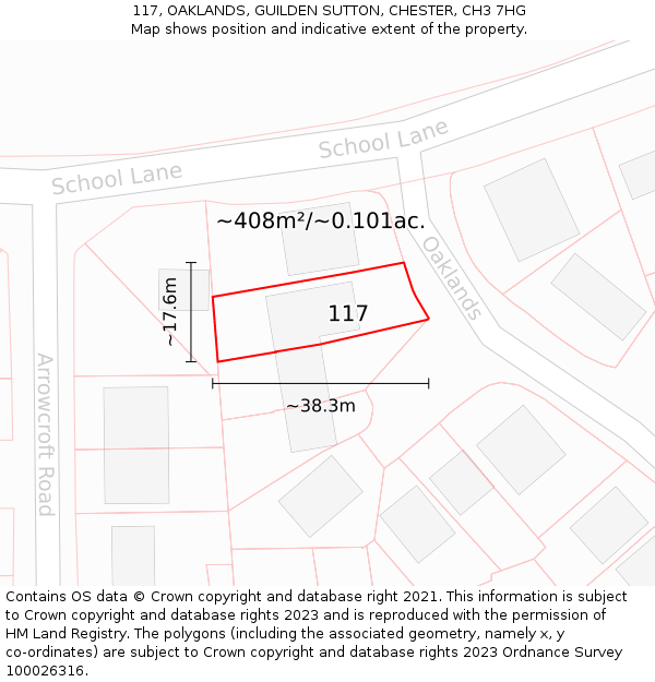 117, OAKLANDS, GUILDEN SUTTON, CHESTER, CH3 7HG: Plot and title map
