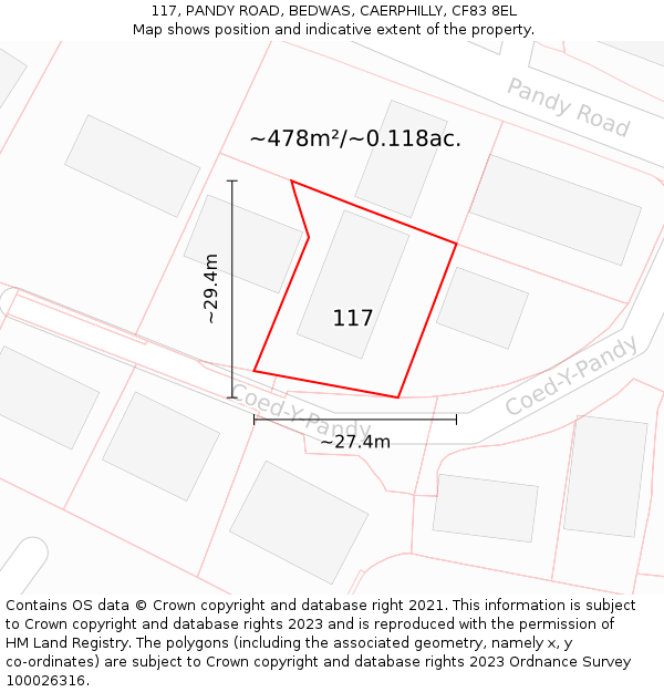 117, PANDY ROAD, BEDWAS, CAERPHILLY, CF83 8EL: Plot and title map
