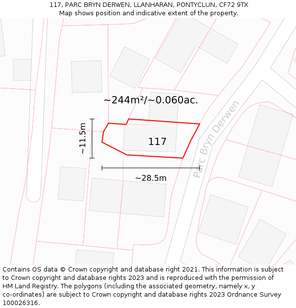 117, PARC BRYN DERWEN, LLANHARAN, PONTYCLUN, CF72 9TX: Plot and title map