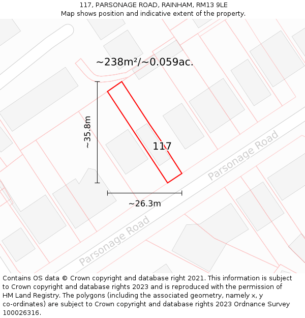 117, PARSONAGE ROAD, RAINHAM, RM13 9LE: Plot and title map