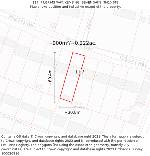 117, PILGRIMS WAY, KEMSING, SEVENOAKS, TN15 6TE: Plot and title map
