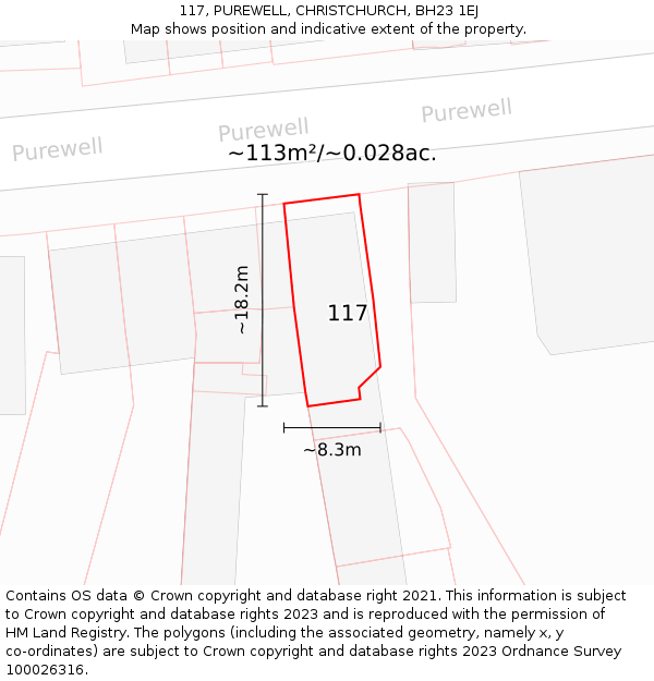 117, PUREWELL, CHRISTCHURCH, BH23 1EJ: Plot and title map