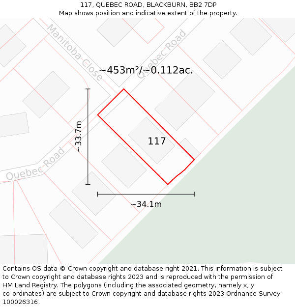 117, QUEBEC ROAD, BLACKBURN, BB2 7DP: Plot and title map