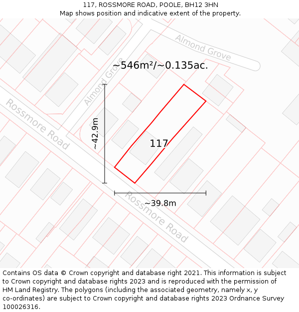 117, ROSSMORE ROAD, POOLE, BH12 3HN: Plot and title map