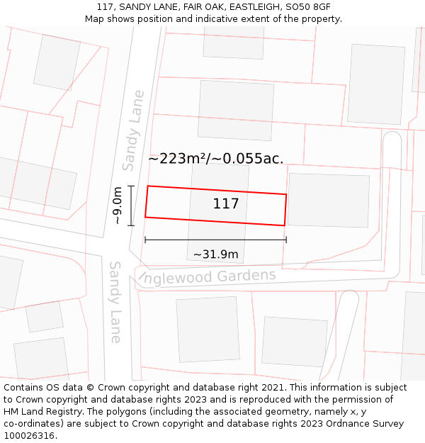 117, SANDY LANE, FAIR OAK, EASTLEIGH, SO50 8GF: Plot and title map