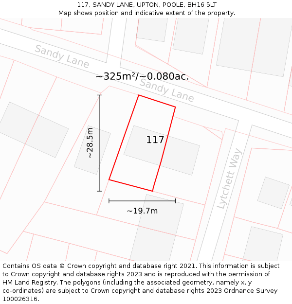 117, SANDY LANE, UPTON, POOLE, BH16 5LT: Plot and title map