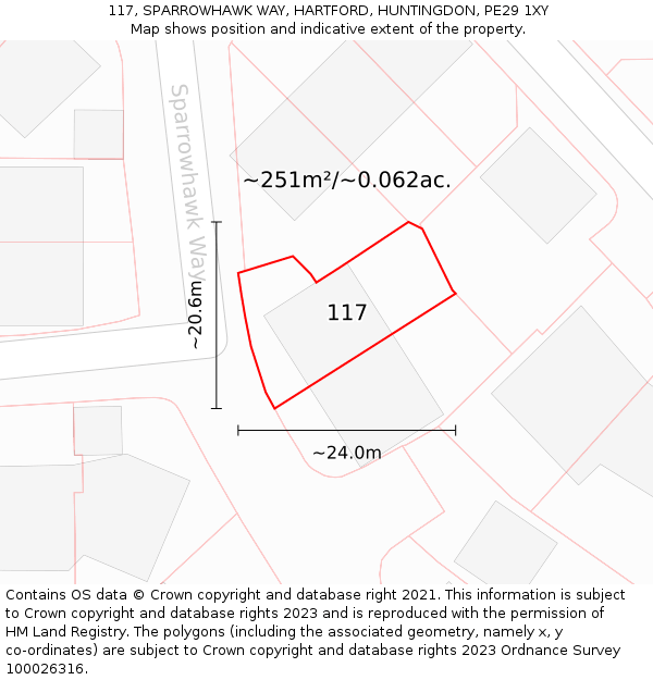 117, SPARROWHAWK WAY, HARTFORD, HUNTINGDON, PE29 1XY: Plot and title map