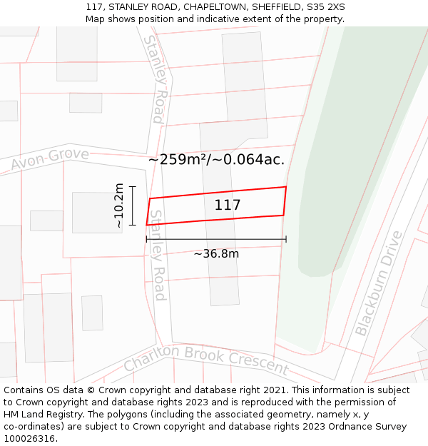 117, STANLEY ROAD, CHAPELTOWN, SHEFFIELD, S35 2XS: Plot and title map