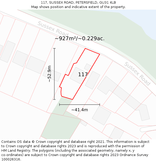 117, SUSSEX ROAD, PETERSFIELD, GU31 4LB: Plot and title map