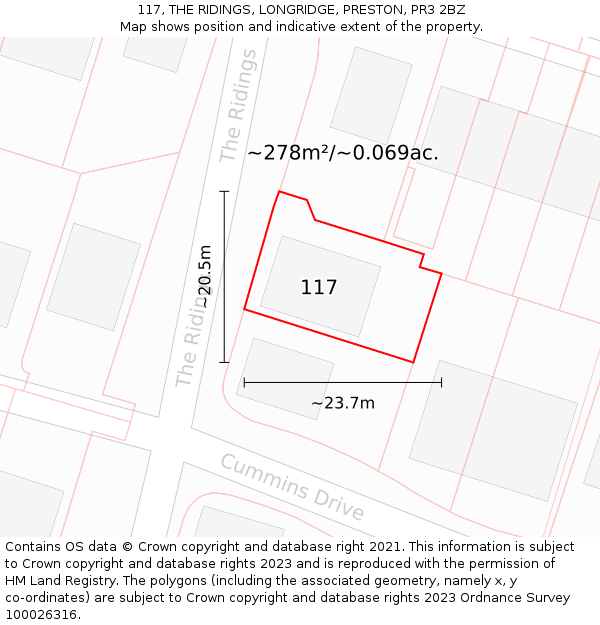 117, THE RIDINGS, LONGRIDGE, PRESTON, PR3 2BZ: Plot and title map