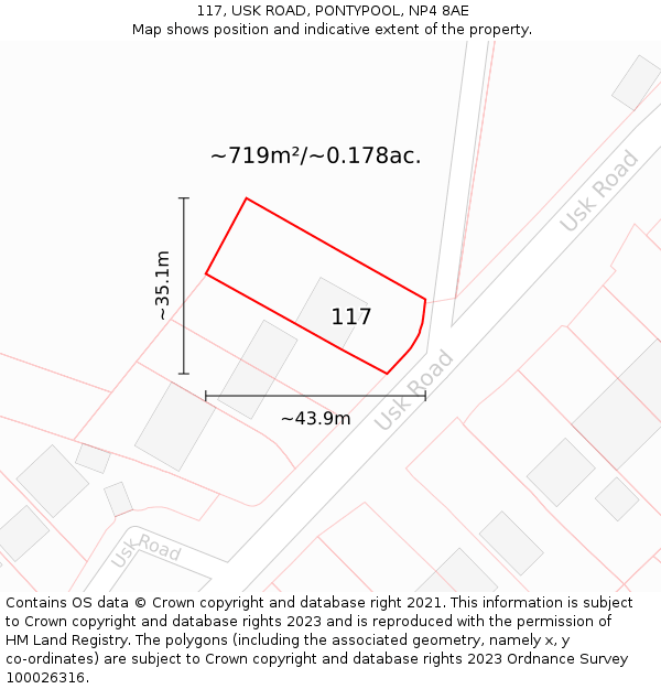 117, USK ROAD, PONTYPOOL, NP4 8AE: Plot and title map