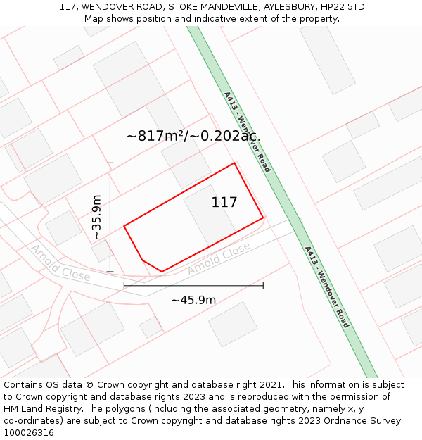 117, WENDOVER ROAD, STOKE MANDEVILLE, AYLESBURY, HP22 5TD: Plot and title map