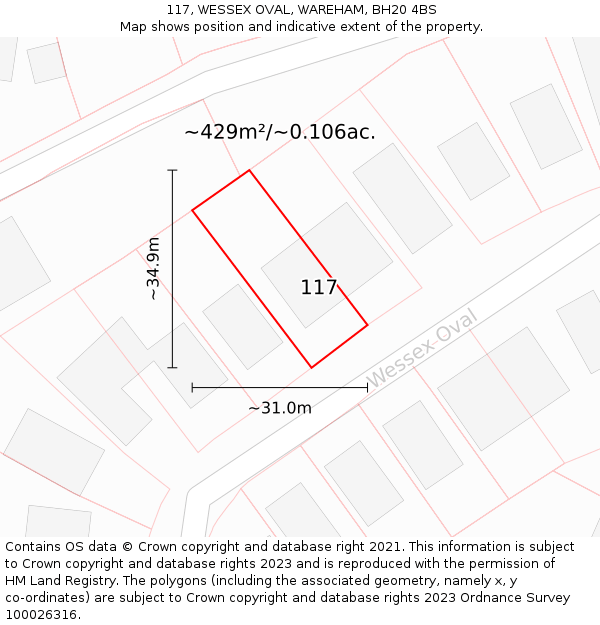 117, WESSEX OVAL, WAREHAM, BH20 4BS: Plot and title map