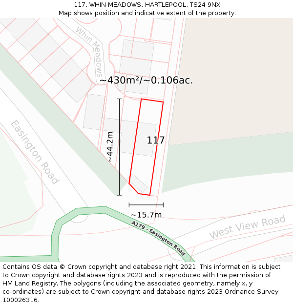 117, WHIN MEADOWS, HARTLEPOOL, TS24 9NX: Plot and title map