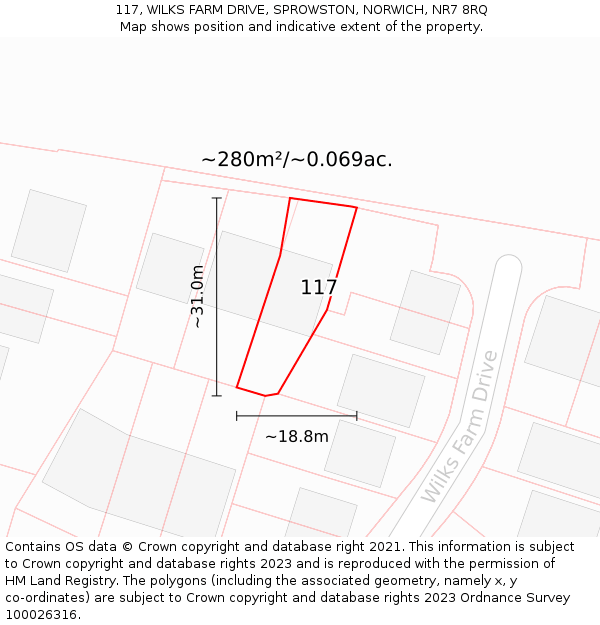 117, WILKS FARM DRIVE, SPROWSTON, NORWICH, NR7 8RQ: Plot and title map