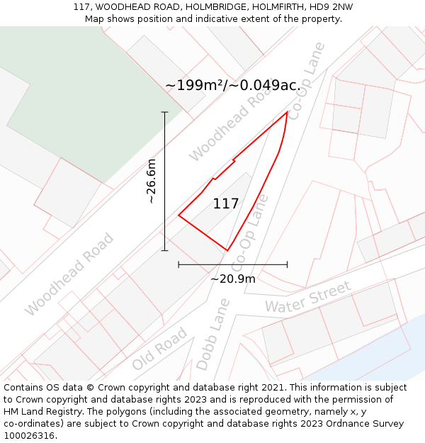 117, WOODHEAD ROAD, HOLMBRIDGE, HOLMFIRTH, HD9 2NW: Plot and title map