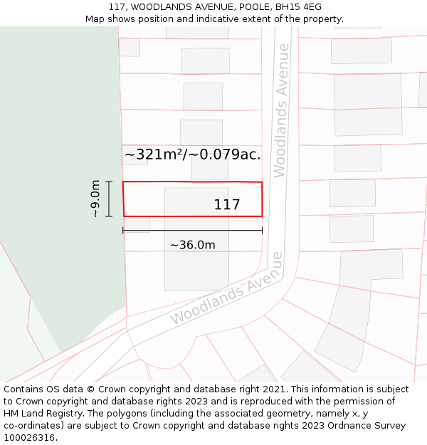 117, WOODLANDS AVENUE, POOLE, BH15 4EG: Plot and title map