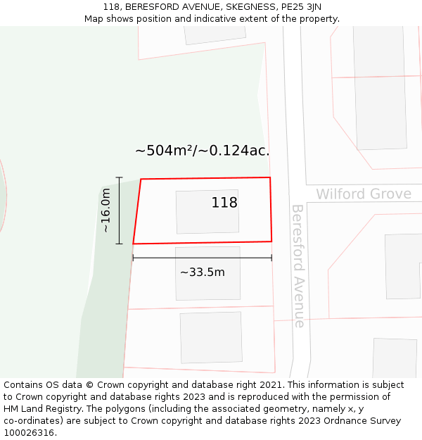 118, BERESFORD AVENUE, SKEGNESS, PE25 3JN: Plot and title map