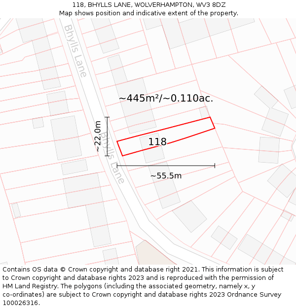 118, BHYLLS LANE, WOLVERHAMPTON, WV3 8DZ: Plot and title map