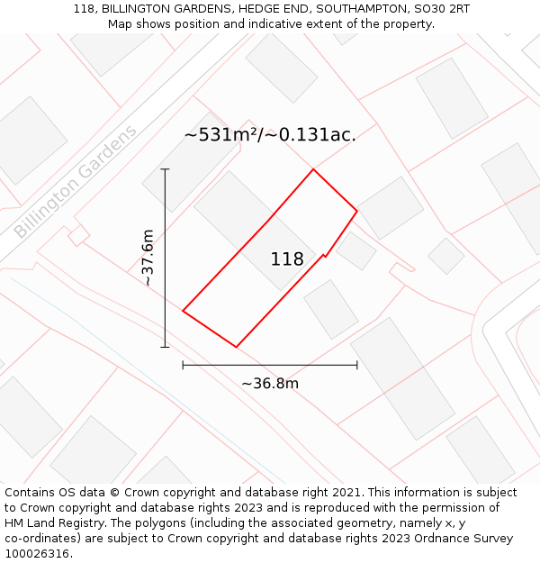 118, BILLINGTON GARDENS, HEDGE END, SOUTHAMPTON, SO30 2RT: Plot and title map