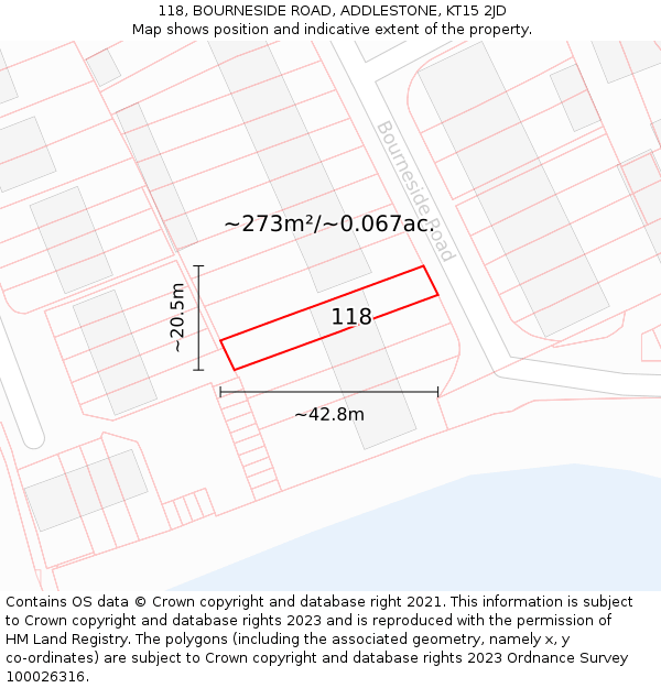 118, BOURNESIDE ROAD, ADDLESTONE, KT15 2JD: Plot and title map