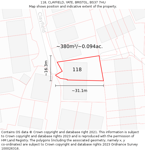 118, CLAYFIELD, YATE, BRISTOL, BS37 7HU: Plot and title map
