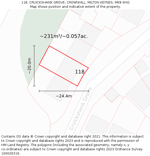 118, CRUICKSHANK GROVE, CROWNHILL, MILTON KEYNES, MK8 0HG: Plot and title map