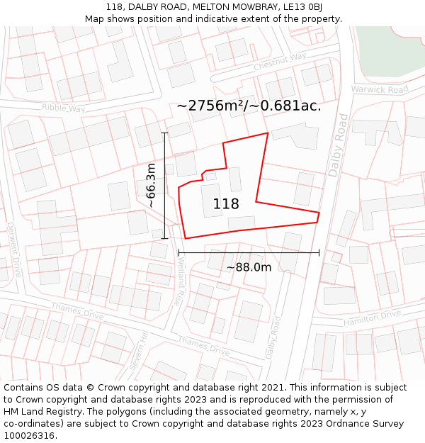 118, DALBY ROAD, MELTON MOWBRAY, LE13 0BJ: Plot and title map