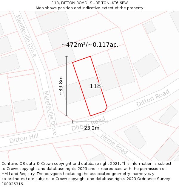 118, DITTON ROAD, SURBITON, KT6 6RW: Plot and title map