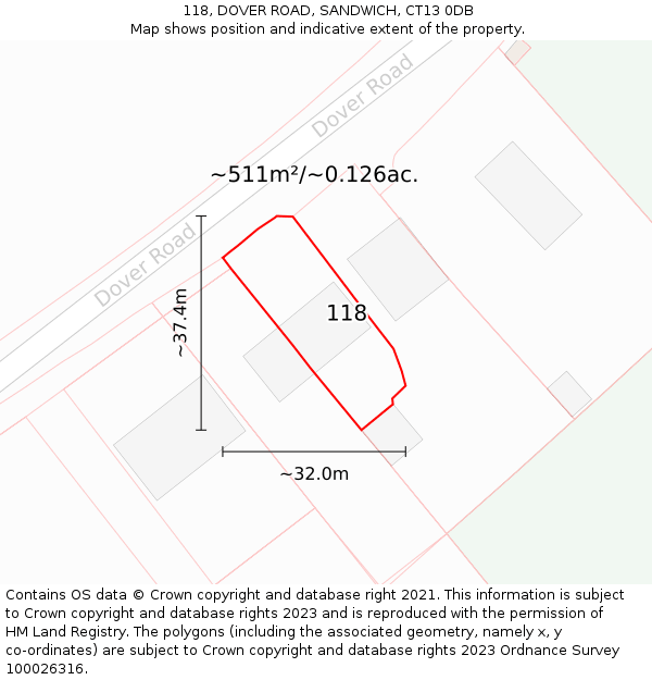 118, DOVER ROAD, SANDWICH, CT13 0DB: Plot and title map