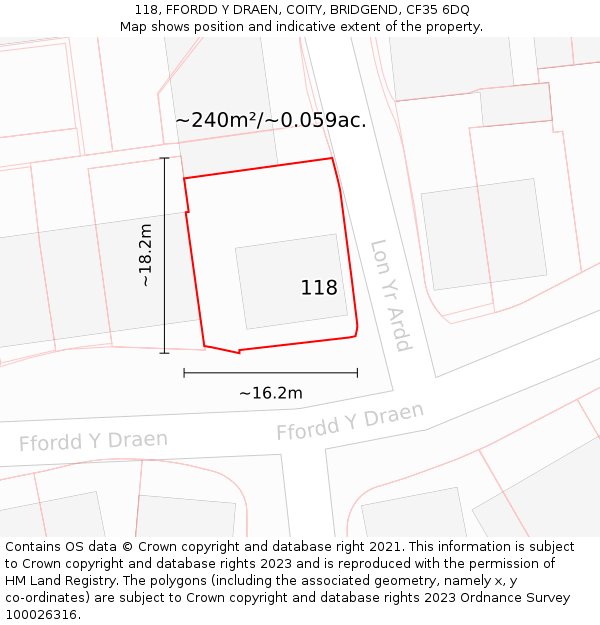 118, FFORDD Y DRAEN, COITY, BRIDGEND, CF35 6DQ: Plot and title map
