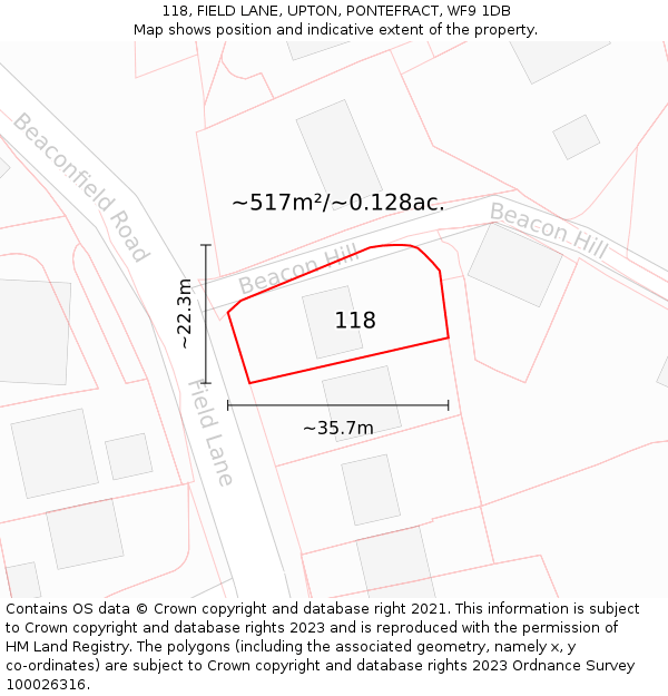 118, FIELD LANE, UPTON, PONTEFRACT, WF9 1DB: Plot and title map