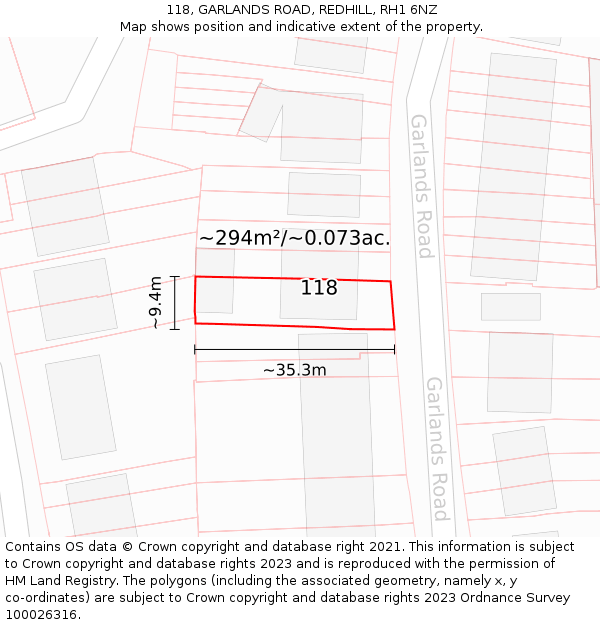 118, GARLANDS ROAD, REDHILL, RH1 6NZ: Plot and title map