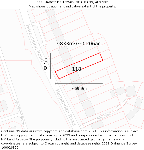 118, HARPENDEN ROAD, ST ALBANS, AL3 6BZ: Plot and title map