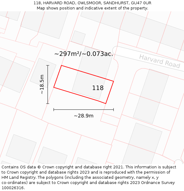 118, HARVARD ROAD, OWLSMOOR, SANDHURST, GU47 0UR: Plot and title map