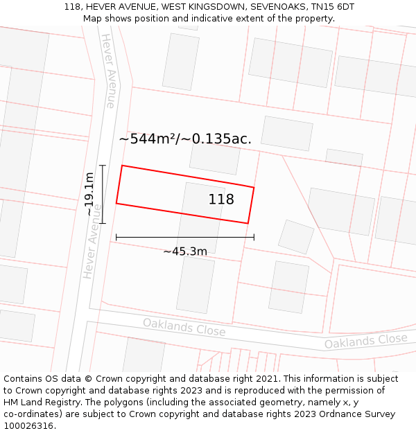 118, HEVER AVENUE, WEST KINGSDOWN, SEVENOAKS, TN15 6DT: Plot and title map