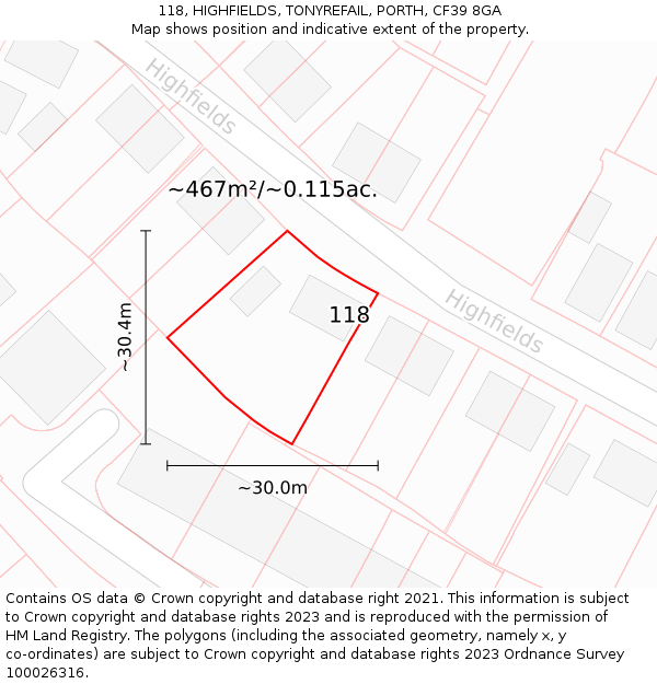 118, HIGHFIELDS, TONYREFAIL, PORTH, CF39 8GA: Plot and title map