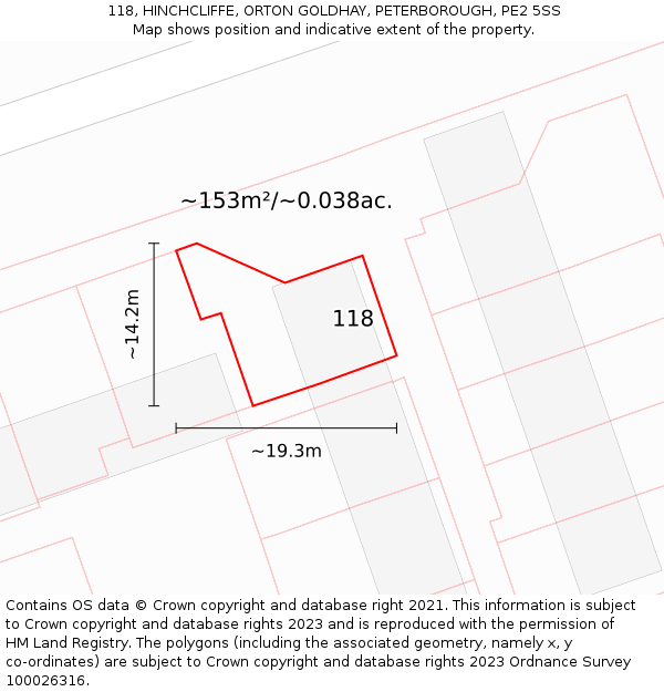 118, HINCHCLIFFE, ORTON GOLDHAY, PETERBOROUGH, PE2 5SS: Plot and title map