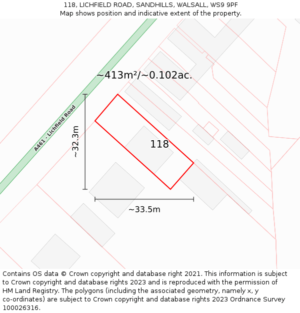 118, LICHFIELD ROAD, SANDHILLS, WALSALL, WS9 9PF: Plot and title map