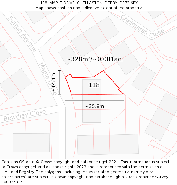 118, MAPLE DRIVE, CHELLASTON, DERBY, DE73 6RX: Plot and title map