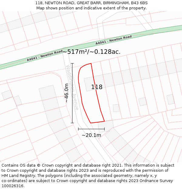 118, NEWTON ROAD, GREAT BARR, BIRMINGHAM, B43 6BS: Plot and title map