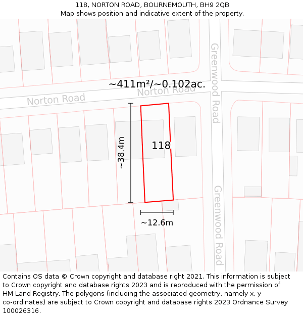 118, NORTON ROAD, BOURNEMOUTH, BH9 2QB: Plot and title map