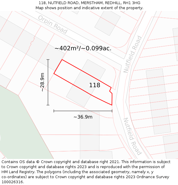 118, NUTFIELD ROAD, MERSTHAM, REDHILL, RH1 3HG: Plot and title map