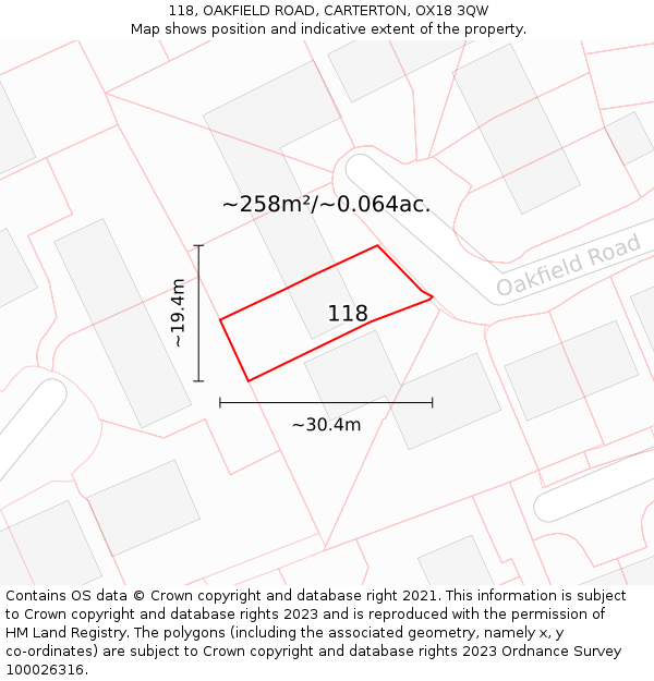 118, OAKFIELD ROAD, CARTERTON, OX18 3QW: Plot and title map