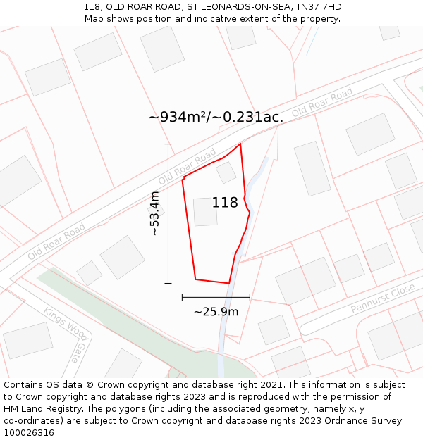 118, OLD ROAR ROAD, ST LEONARDS-ON-SEA, TN37 7HD: Plot and title map